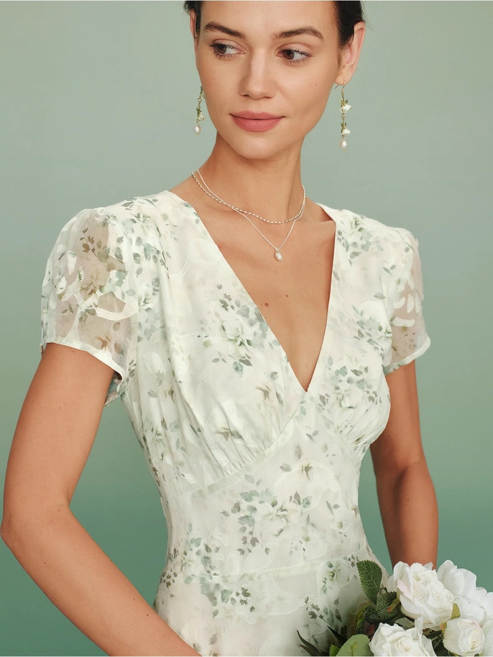 Rihoas Green Puffed Sleeve Floral Tunic Midi Dress - Picture 2 of 8